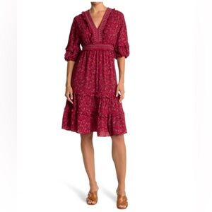 MAX STUDIO Red Floral V-Neck Smocked Empire 3/4 Sleeve